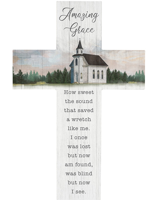 "Amazing Grace wall cross made of wood composite with sawtooth hanger, 9.25x14 inches, inspirational Christian home décor."