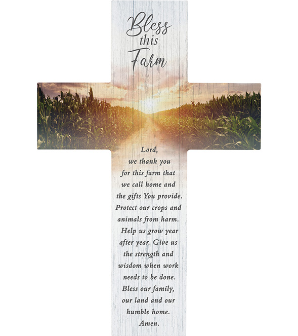"Bless This Farm wall cross, wood composite with sawtooth hanger, 9.25x14 inches farmhouse Christian wall décor."
