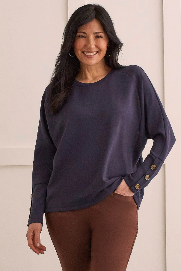 SCUBA KNIT RAGLAN TOP WITH BUTTONS