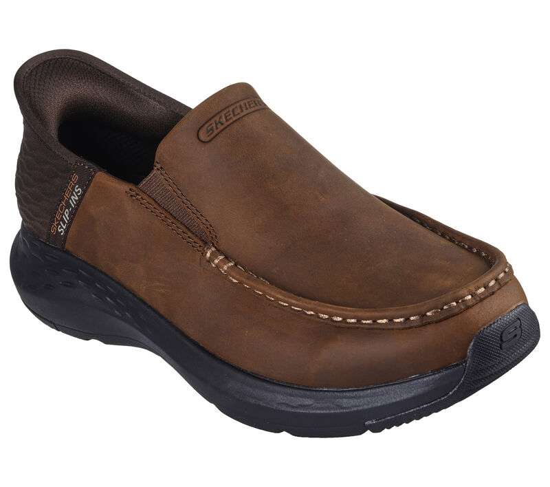 Skechers Parson Oswin Hands Free Slip-ins™ leather moc toe with Heel Pillow™, Memory Foam® insole, and Goga Mat Arch™ support