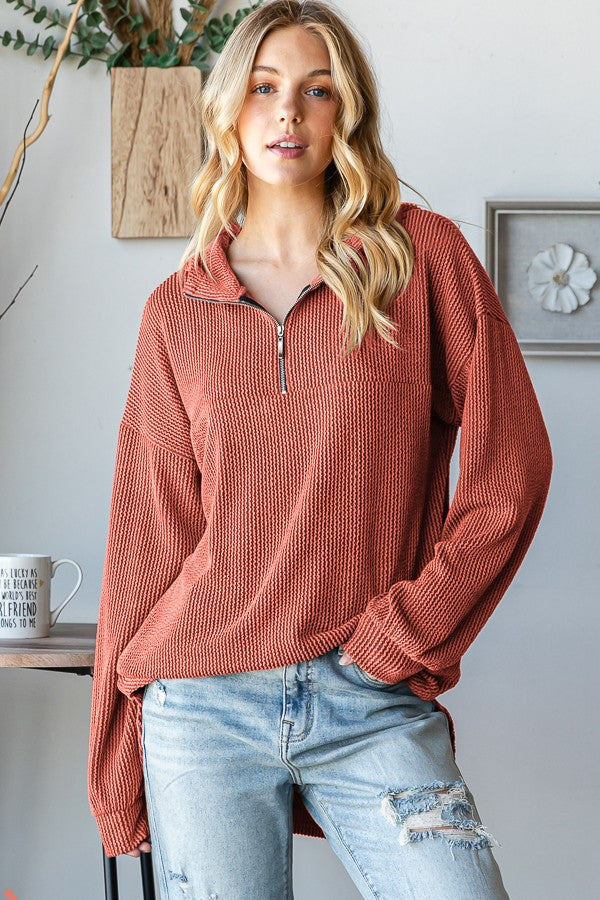 URBAN RIBBED HOODIE HALF ZIP TOP