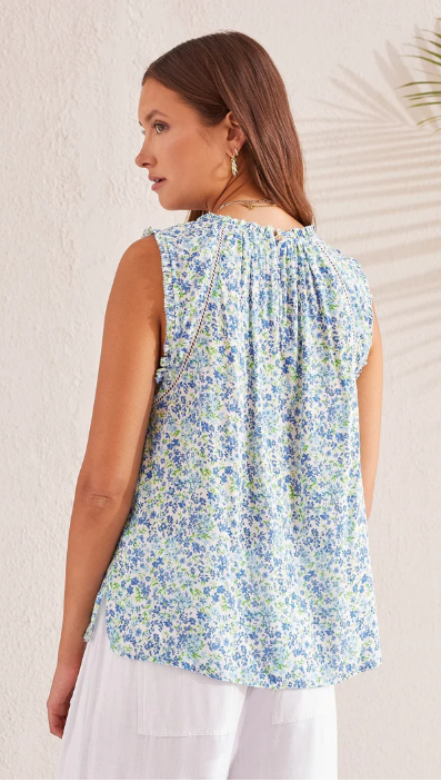 PRINTED SLEEVELESS BLOUSE WITH CROCHET TRIM