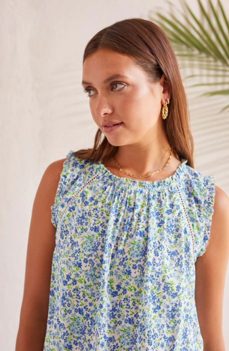 PRINTED SLEEVELESS BLOUSE WITH CROCHET TRIM