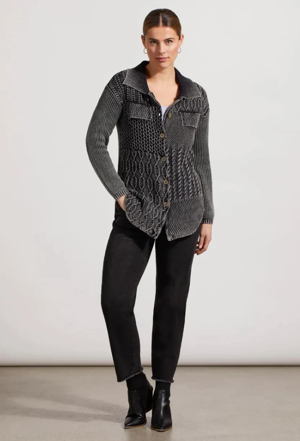 PATCHWORK SHACKET WITH CONTRAST BUTTONS