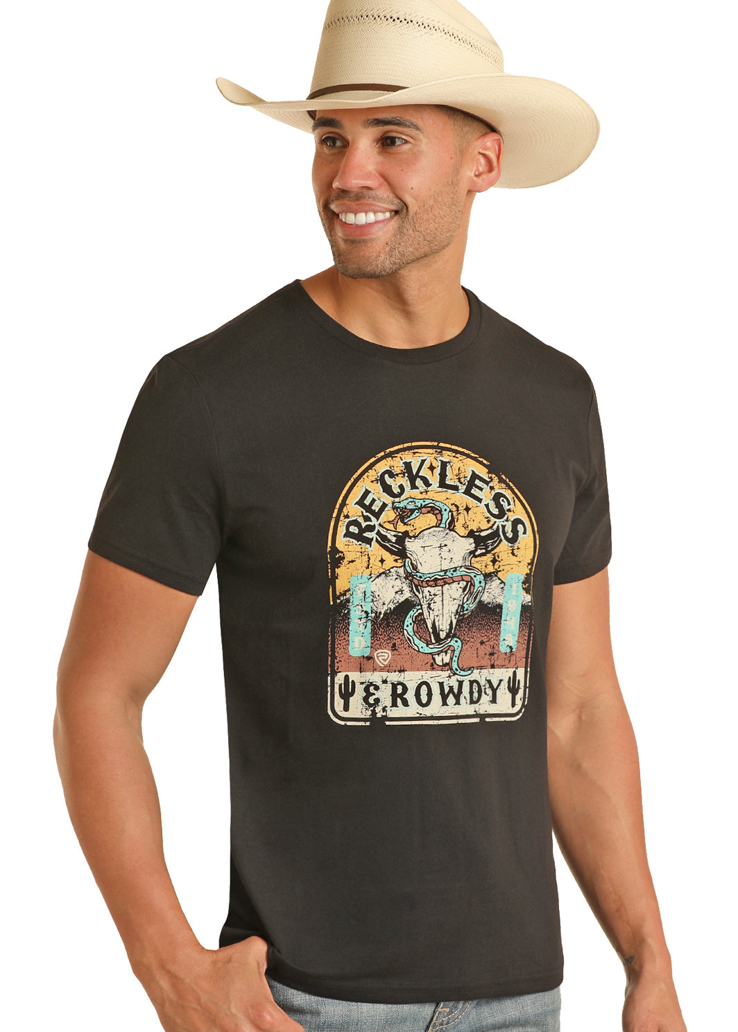 MENS ROCK & ROLL DENIM RECKLESS AND ROWDY SHORT SLEEVE GRAPHIC T-SHIRT