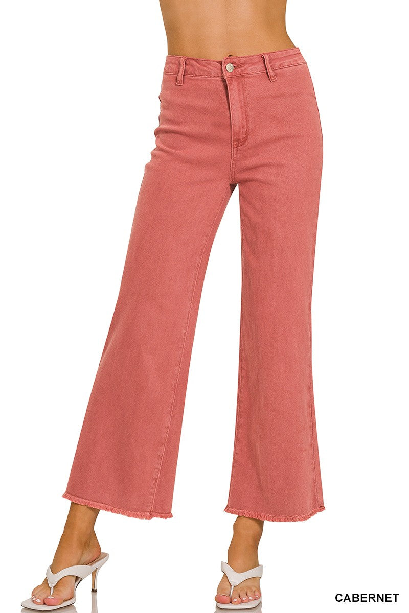 ACID WASHED FRAYED CUTOFF HEM STRAIGHT WIDE PANTS