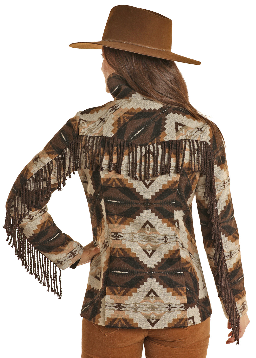 Powder River Outfitters Women's Southwestern Jacquard Fringe Coat