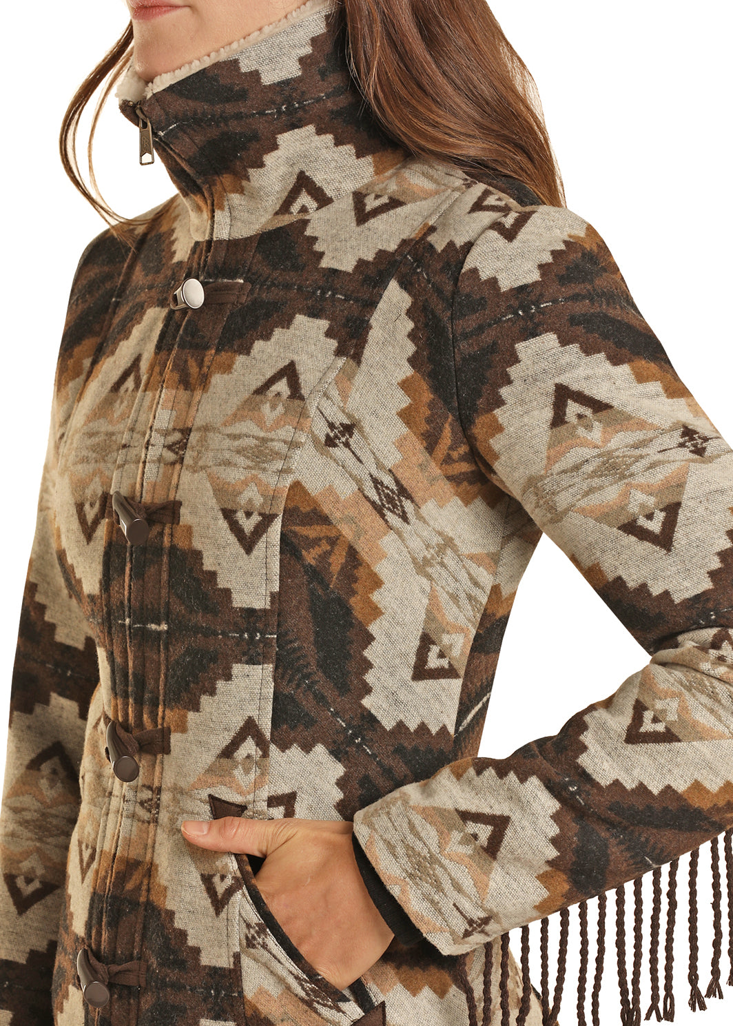 Powder River Outfitters Women's Southwestern Jacquard Fringe Coat