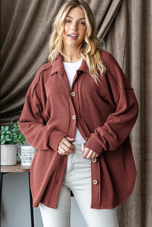 BASIC COLLAR SOLID URBAN RIBBED BUTTON DOWN SHACKET CURVY