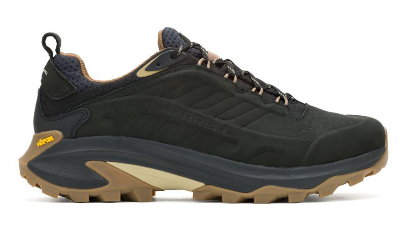 Mens Moab Speed 2 waterproof hiking shoe in molded leather, synthetic, and textile upper with Vibram® TC5+ outsole, FlexPlate™ stability, and FloatPro™ Foam midsole, designed for lightweight comfort, durability, and superior trail traction.