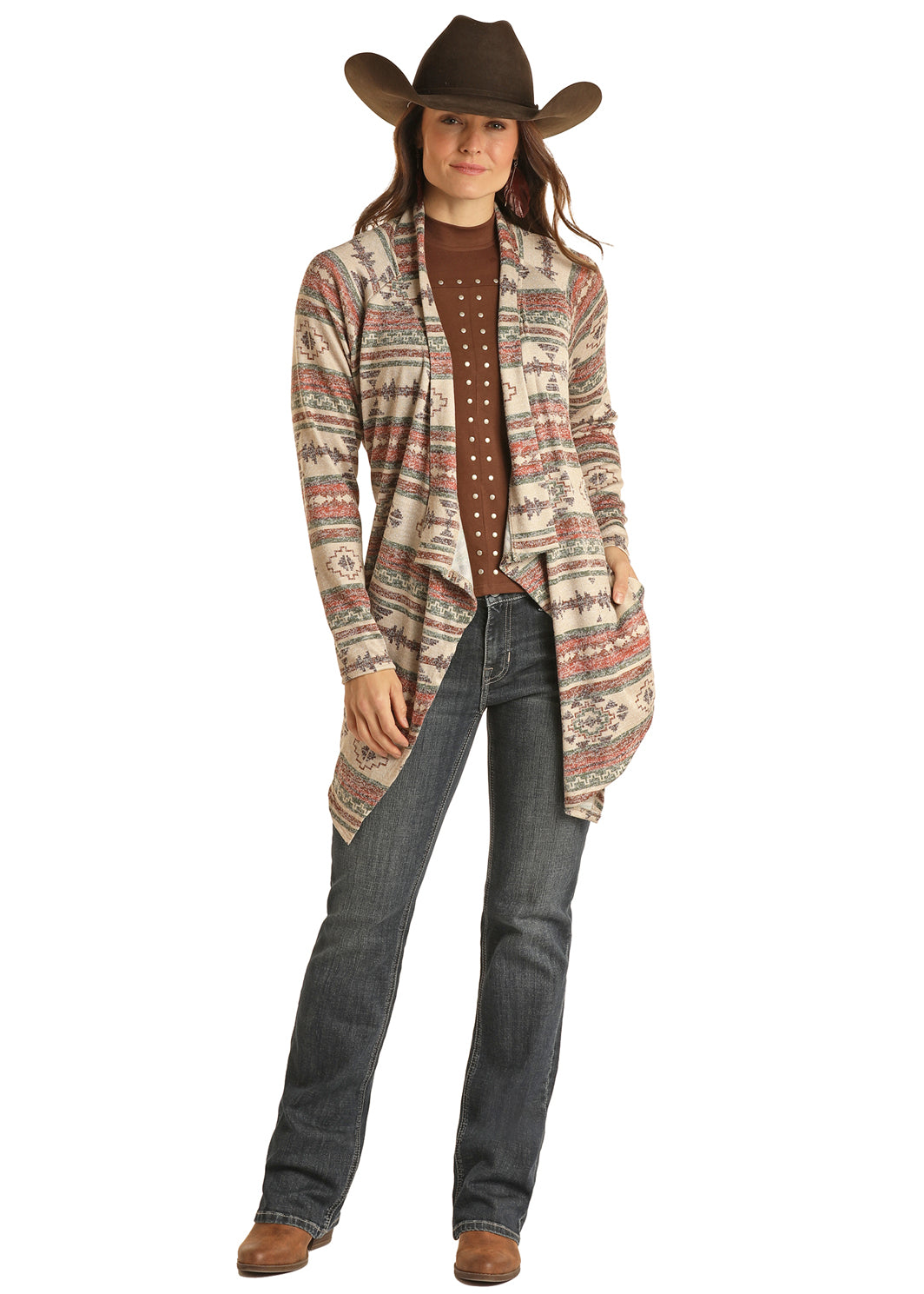 Panhandle: Ladies Neutral Aztec Cascading Lightweight Sweater Cardigan