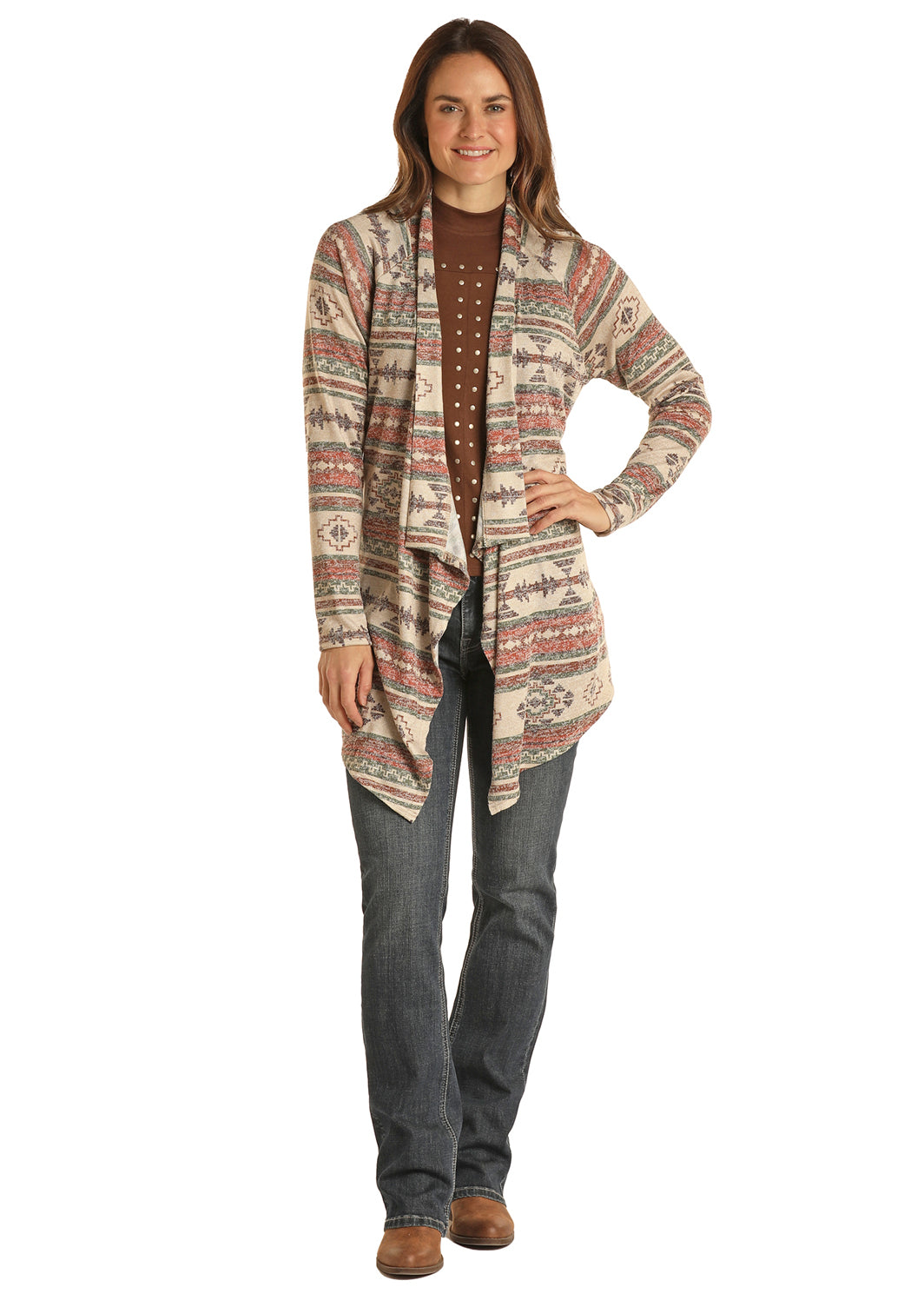 Panhandle: Ladies Neutral Aztec Cascading Lightweight Sweater Cardigan