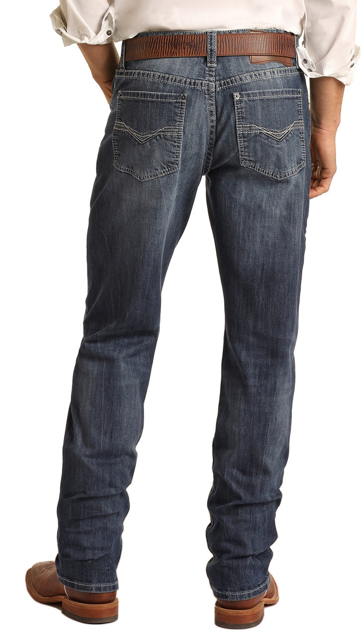 Back view of dark wash Double Barrel jeans featuring embroidered pockets