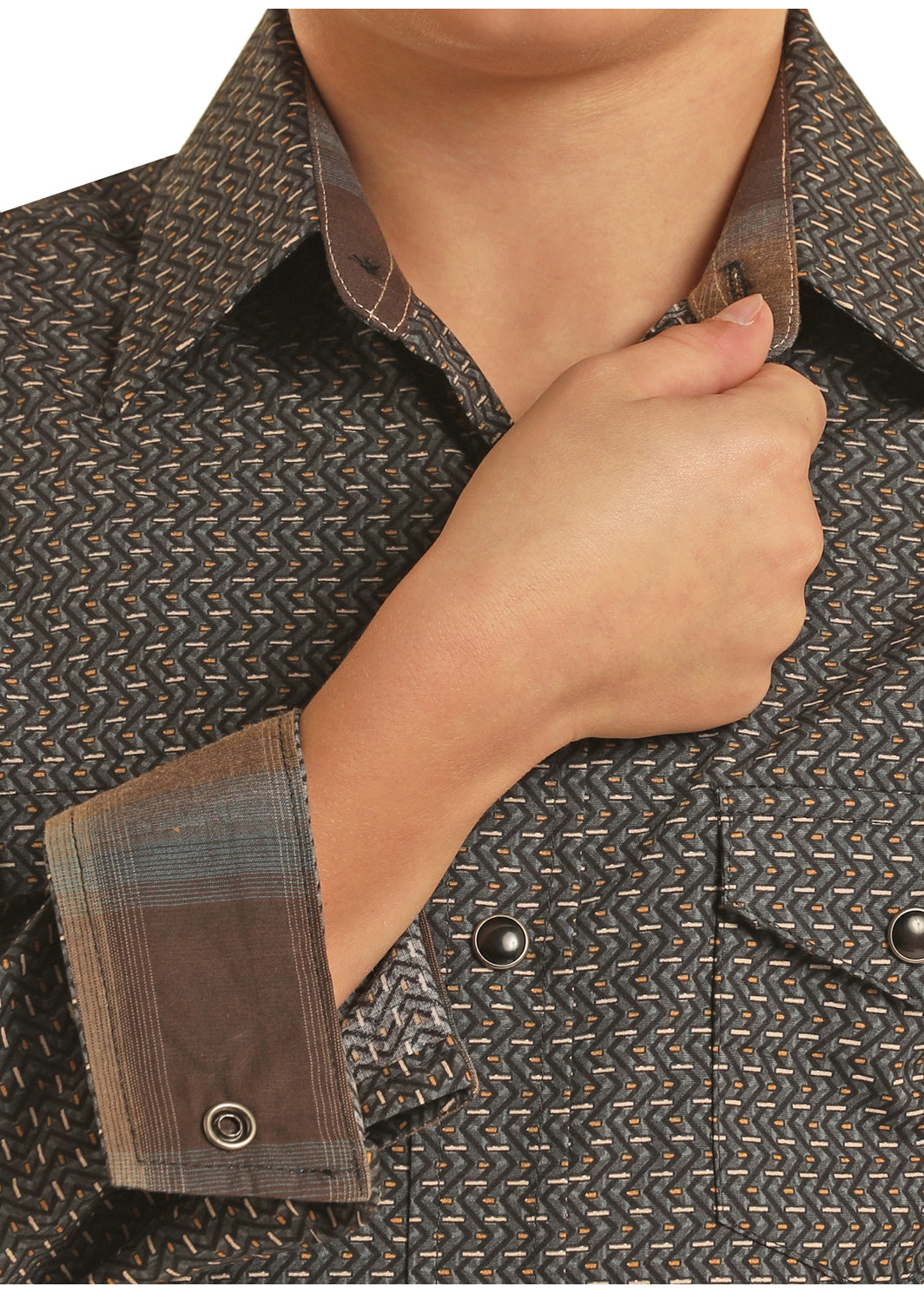 Panhandle Boys Brown And Tan Geometric Long Sleeve Button Down Shirt