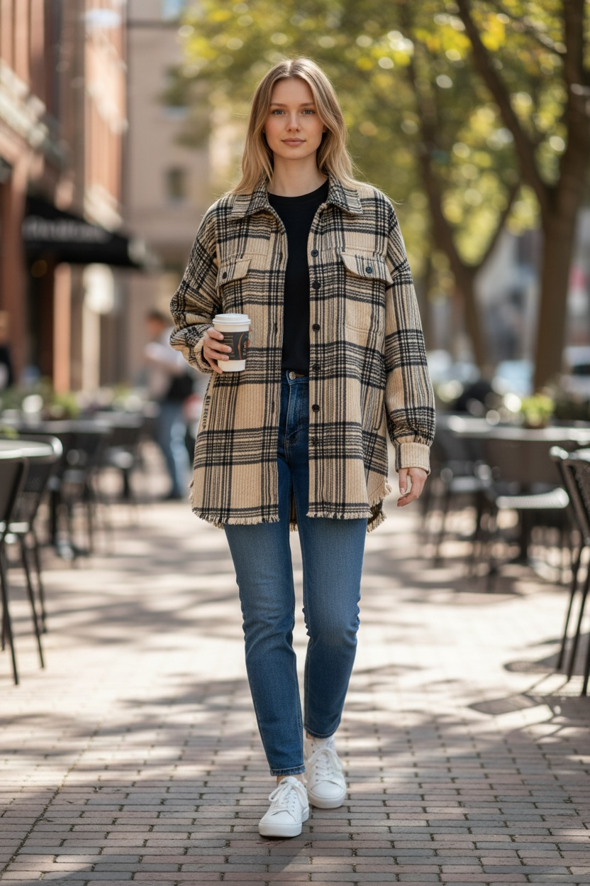 Women's Plaid Jacket with Fringed Bottom