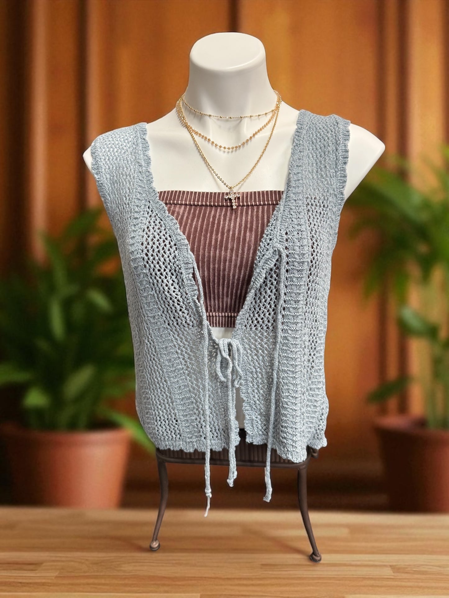 Breezy, Crochet Knit Vest W/ Tie Fastenings