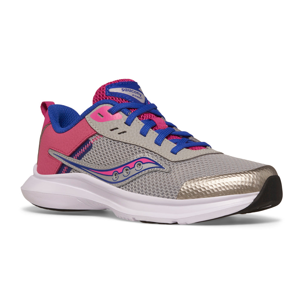 Saucony Kids Axon 3 sneakers with leather and mesh upper, pull tab, and round toe design in Fuchsia and Gray