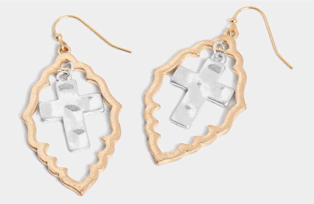 Mixed Metal Framed Cross Dangle Earring