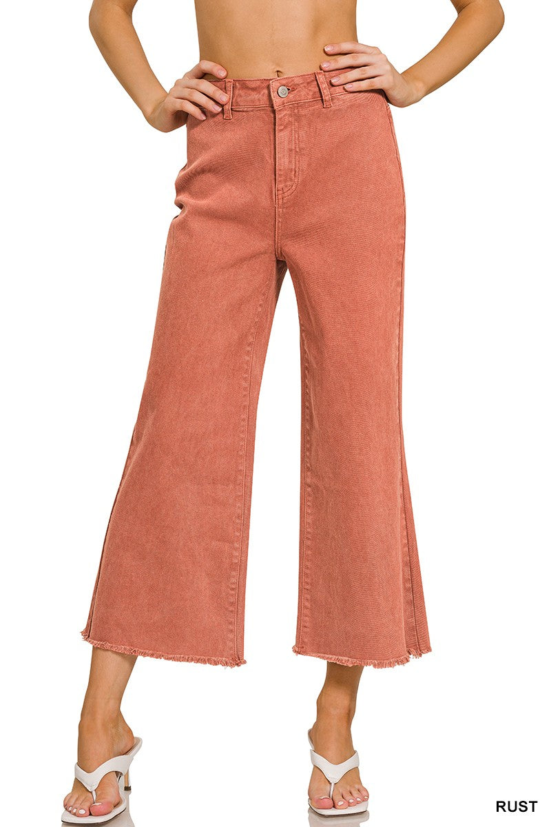 High Waist Acid Washed Frayed Hem Pants