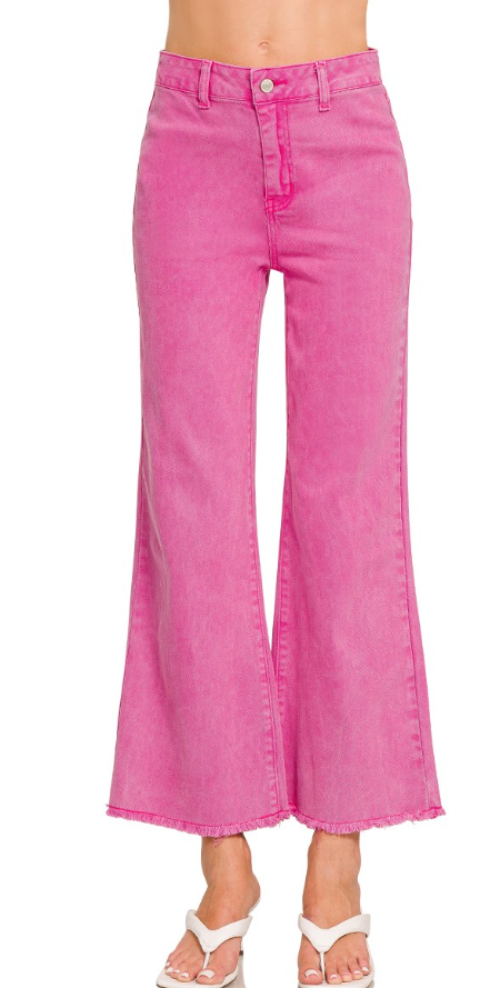 ACID WASHED FRAYED CUTOFF HEM STRAIGHT WIDE PANTS