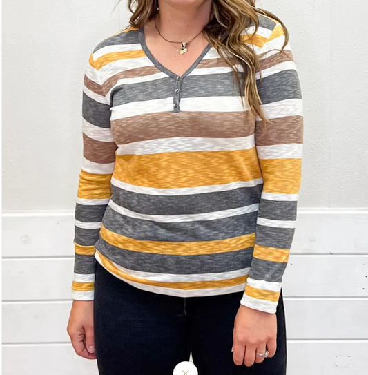 MARIGOLD YELLOW STRIPED HENLEY TOP