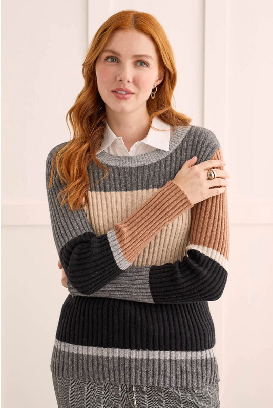 RIBBED COLOR BLOCK CREW NECK SWEATER