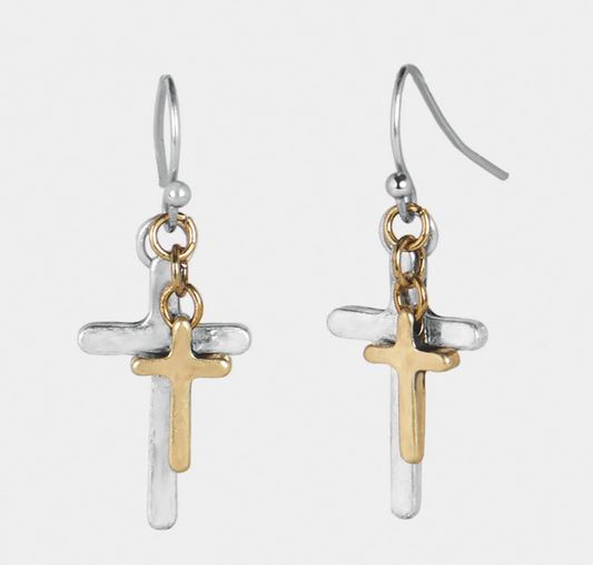 Mixed Metal Layered Cross Dangle Earrings