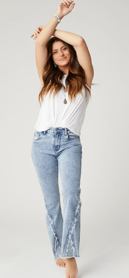 EVERSTRETCH FLARE JEANS WITH CROSSOVER FRINGE