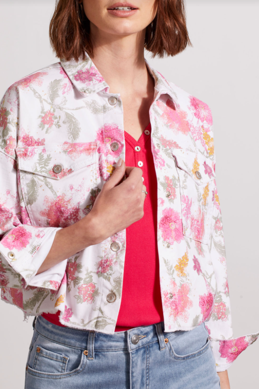 Printed Denim Crop Jacket with Pockets