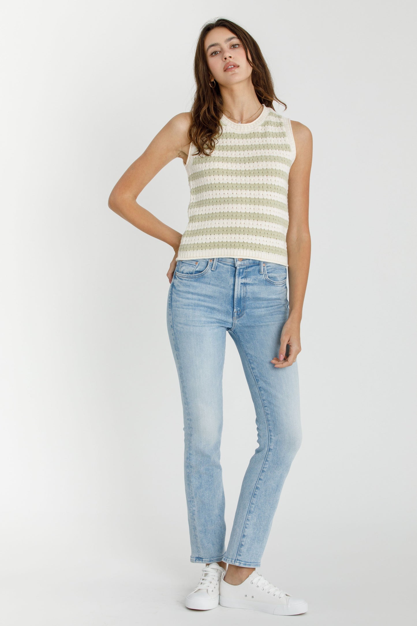 Striped Crew Neck Sleeveless Sweater Top