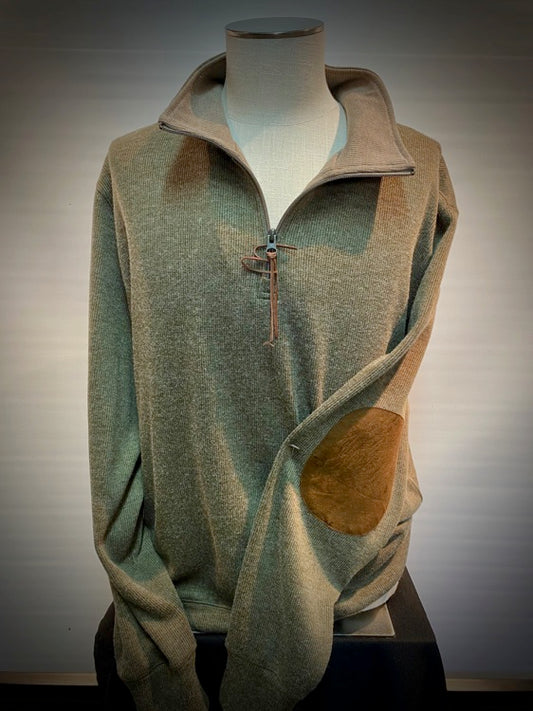 Fine Weight Zip Pullover w/ Faux Suede Trim & Elbow Patch