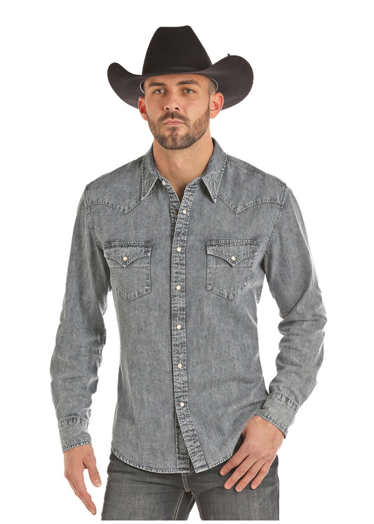 Mens Rock and Roll Denim Washed Denim Slim Fit Snap Shirt