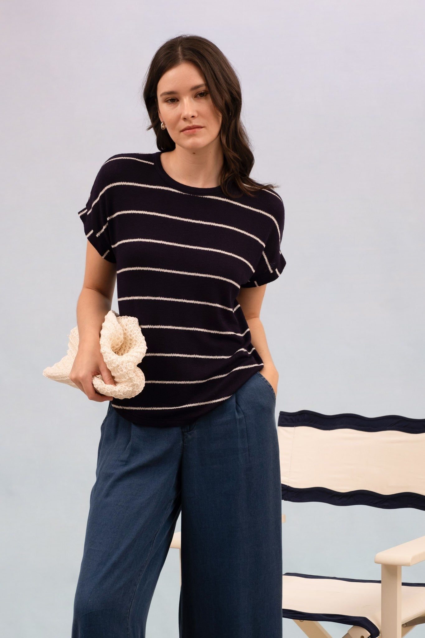 Stripe Round Neck Short Cuff Sleeve Knit Top