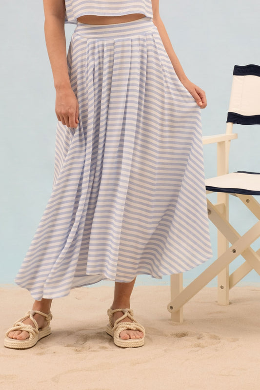 Stripe High Waist Pleated Midi Skirt