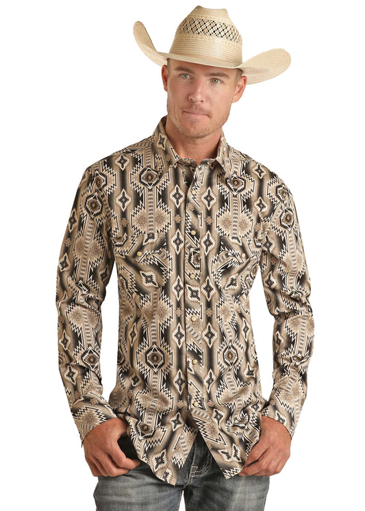 Rock & Roll Denim Aztec Print Men's Longsleeve Collared Shirt