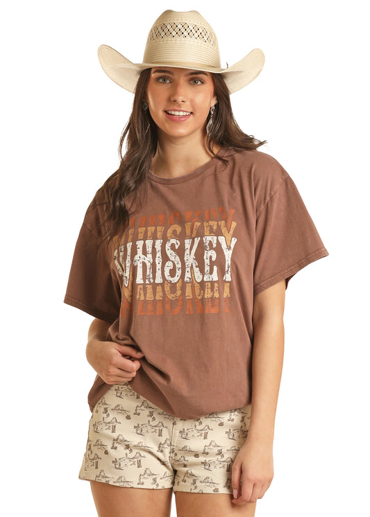 Rock & Roll Denim Women's Whiskey Rhinestone Short Sleeve Graphic Tee