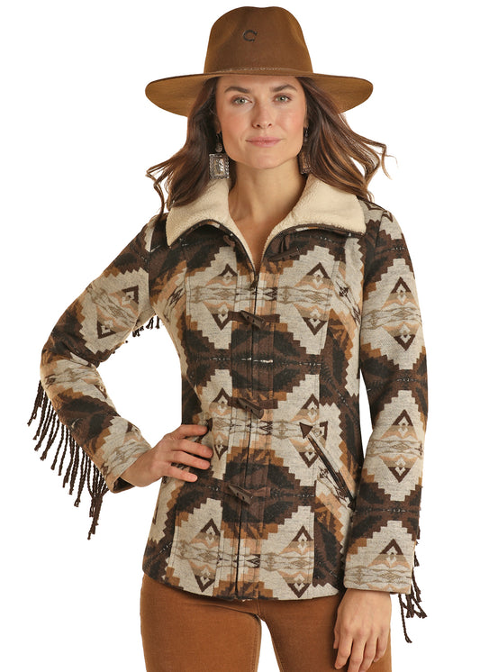 Powder River Outfitters Women's Southwestern Jacquard Fringe Coat