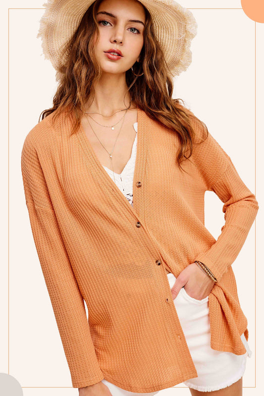 SOFT STRETCHY WAFFLE BUTTON DOWN CARDIGAN