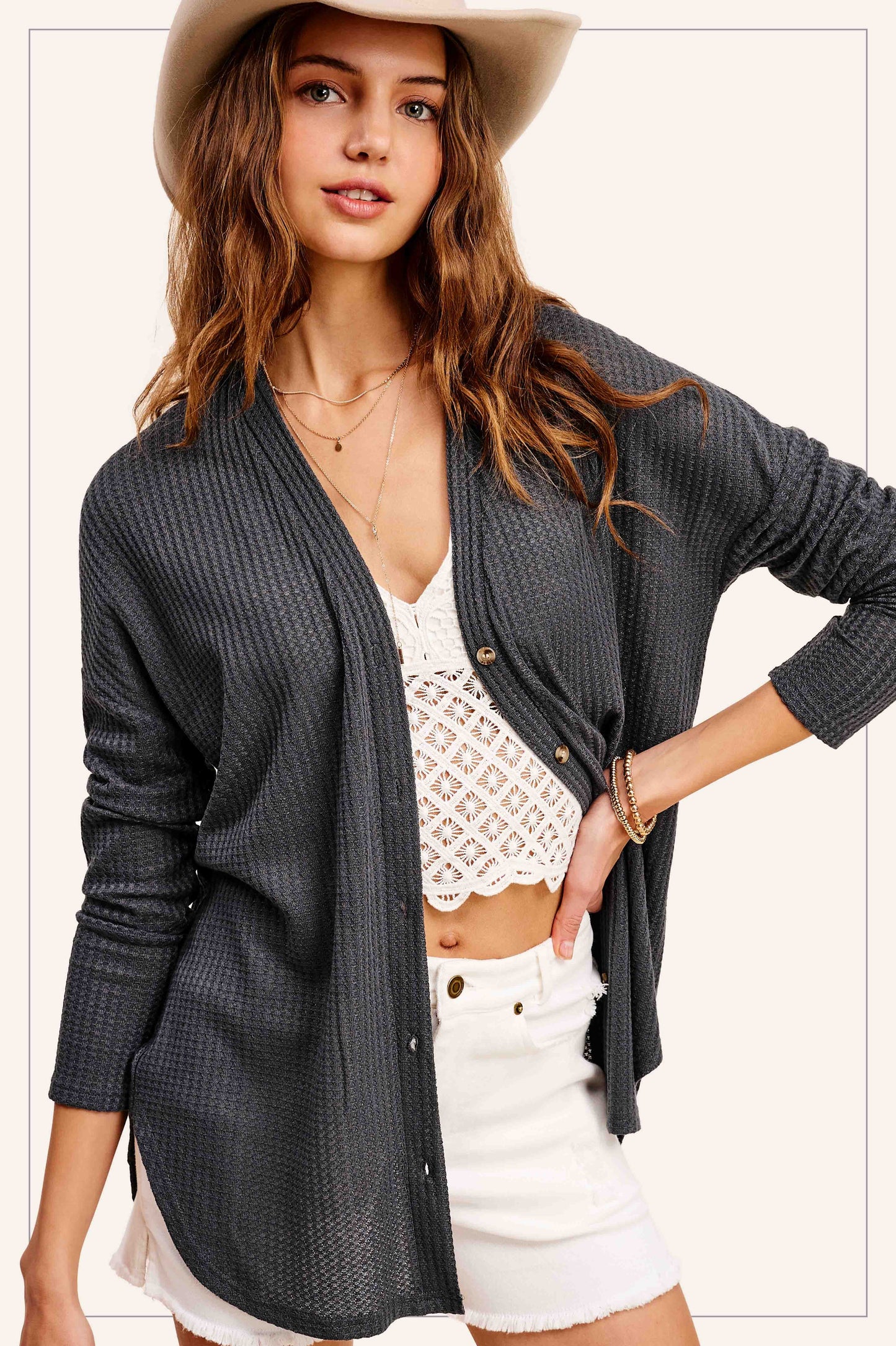 SOFT STRETCHY WAFFLE BUTTON DOWN CARDIGAN