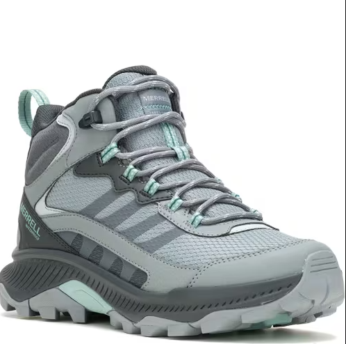 Merrell Women’s Speed Strike 2 Mid WP hiking boots in Monument color with waterproof membrane, recycled materials, and lightweight EVA midsole
