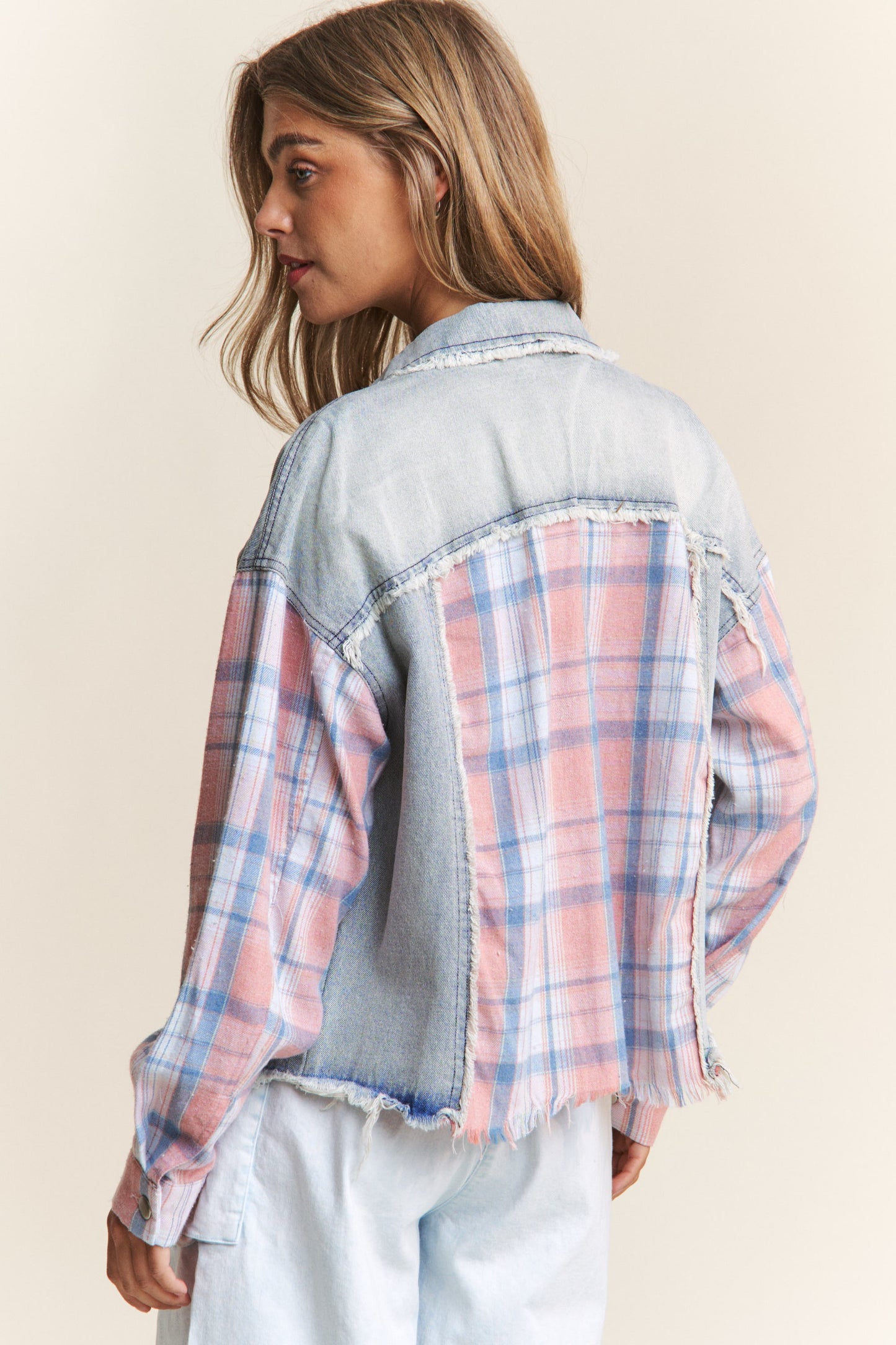 Color Block Plaid and Denim Jacket