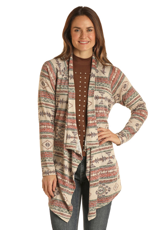 Panhandle: Ladies Neutral Aztec Cascading Lightweight Sweater Cardigan