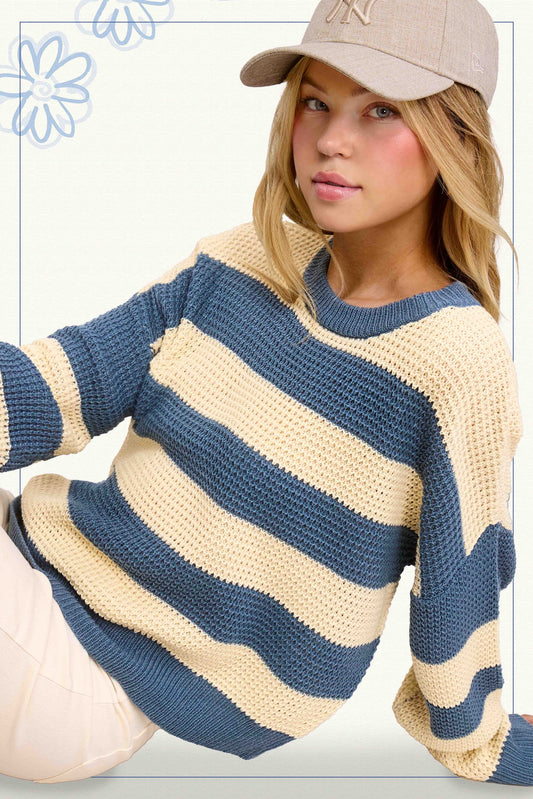 SUPER SOFT STRIPED ROUND NECK LOOSE FIT SWEATER