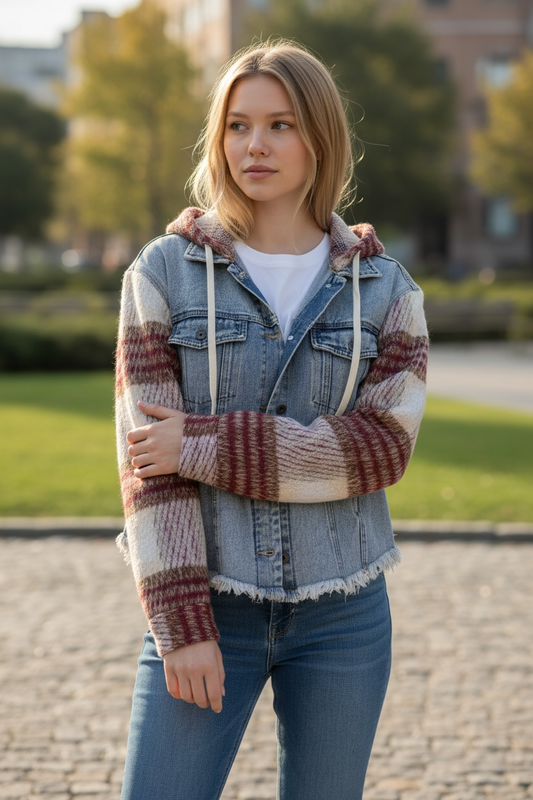 Women's Denim Jacket with Plaid Sleeves