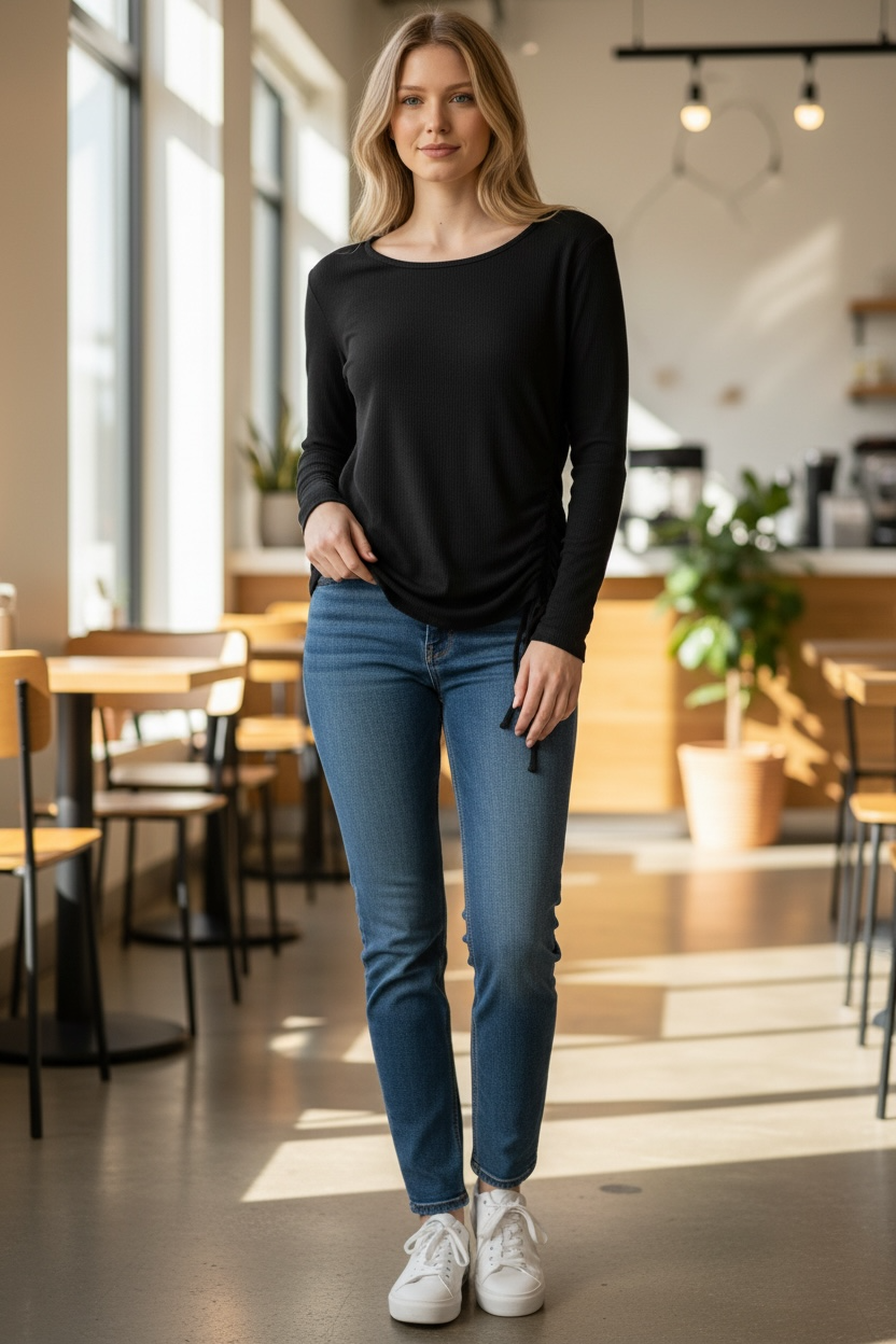 Plus Size Round Neck Long Sleeve Side Ruched Top