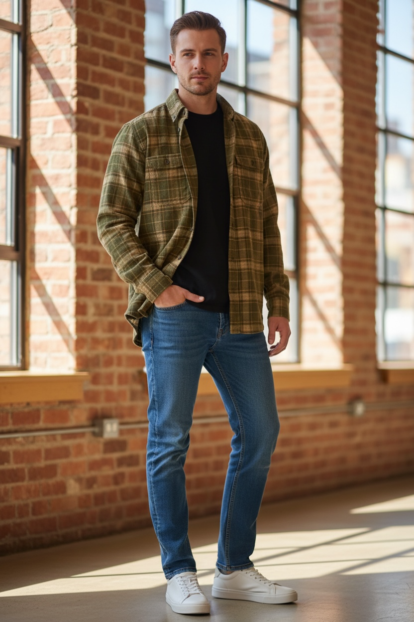 Men’s Corduroy Long Sleeve Yarn Dyed Plaid Sport Shirt