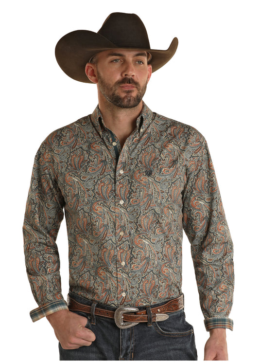 Panhandle Men's Paisley Long Sleeve Single Pocket Button Down Shirt