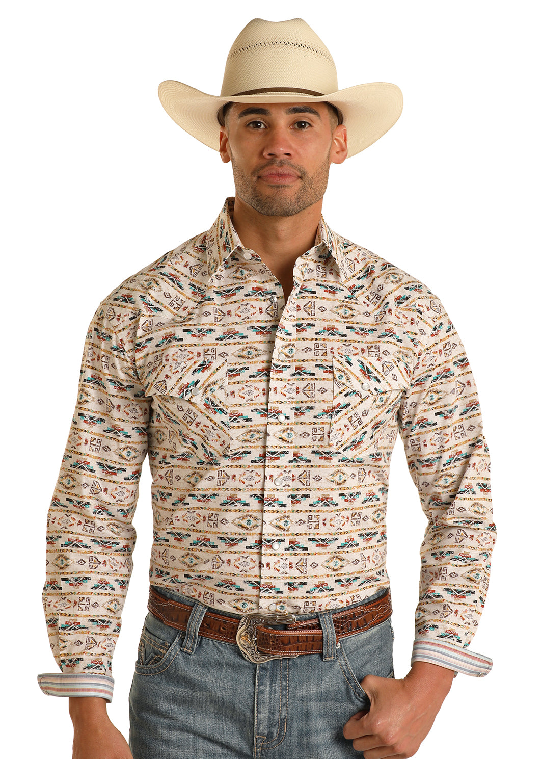 aztec dress shirt Roper Men's S/S Blue/Red Tropical Aztec Print Snap Shirt