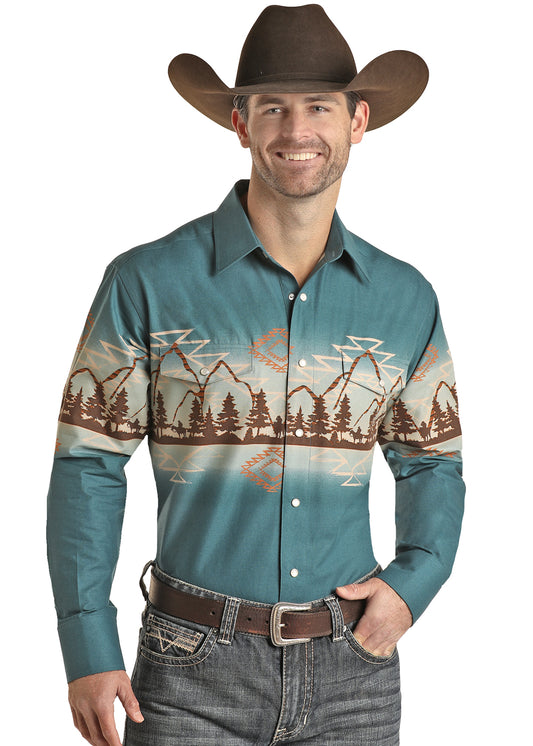 Men's Aztec Mountain Border Long Sleeve Snap Shirt By Panhandle