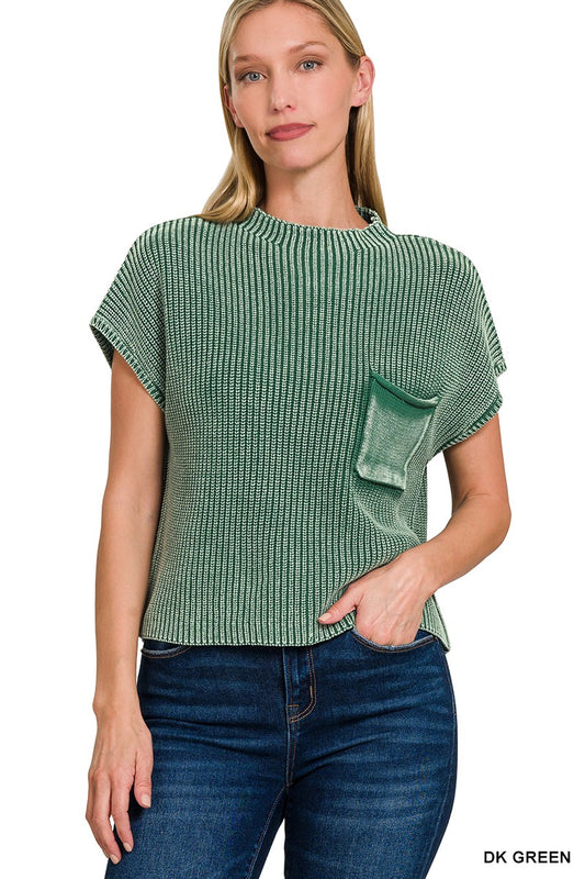 Short Sleeved Cropped Washed Mock Neck Sweater